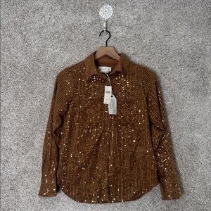 Anthropologie women’s XXS bronze copper sequins button front blouse top‎